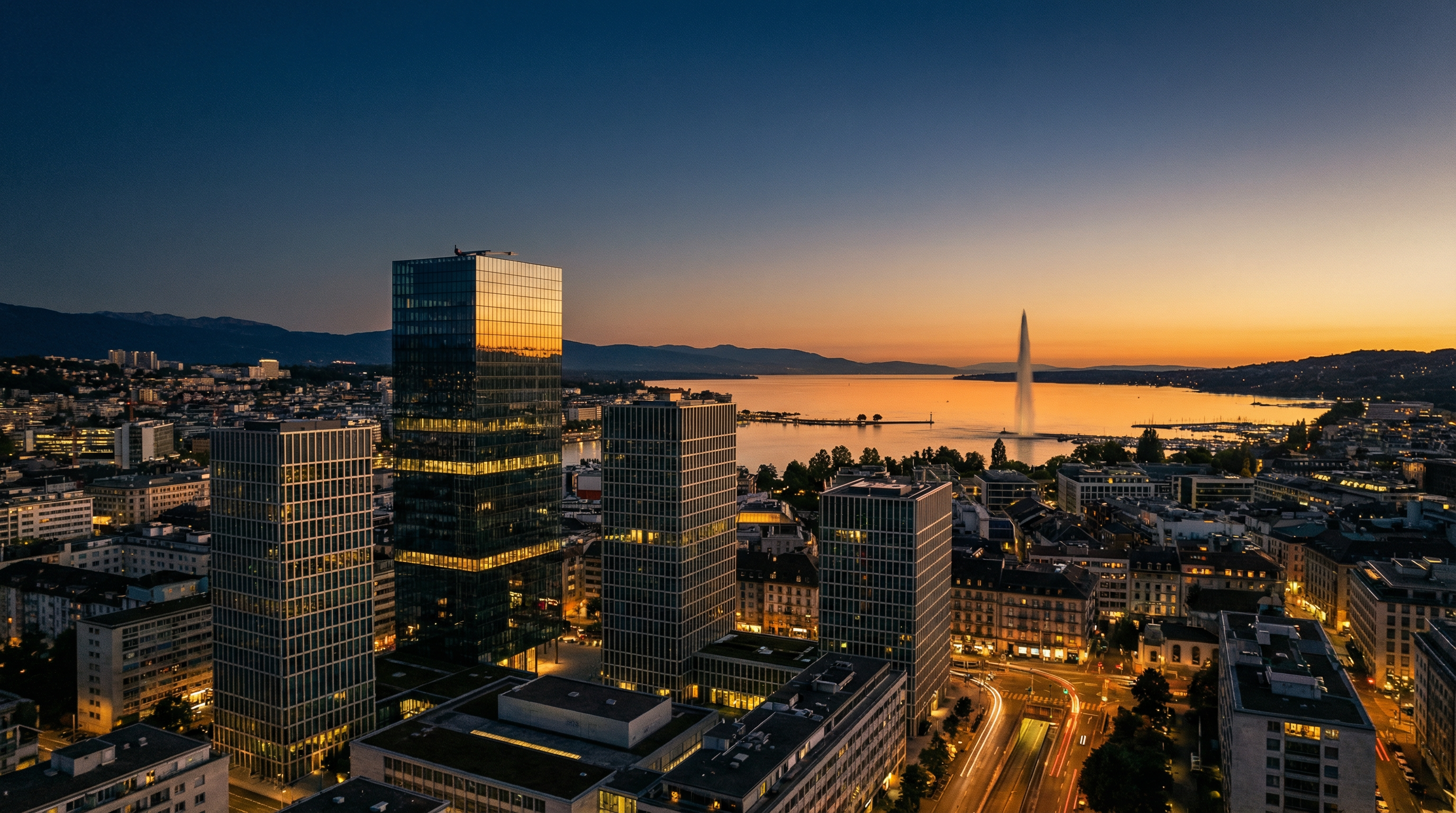Geneva skyline at dusk